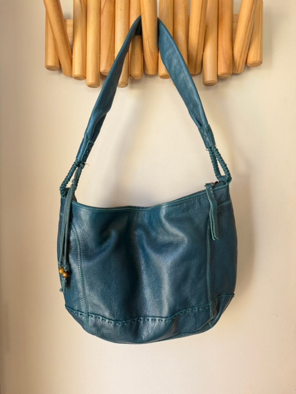 The Sak Teal Blue Genuine Leather Hobo Shoulder Bag Slouchy Boho Purse
